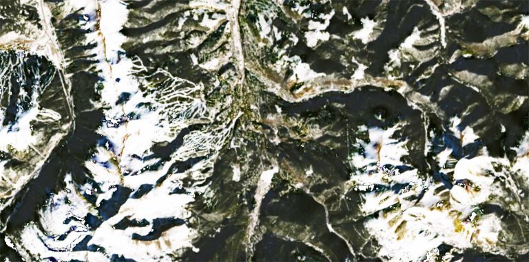 Realistic representation of a satellite image of mountains in the winter