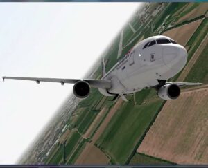 osgEarth OpenIG Flight simulation image of a two engine passenger jet banking after takeoff over European farmland