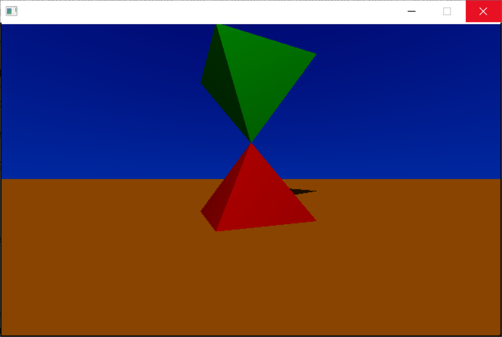 Screenshot of window showing fully-completed raytrace rendering of a red and an green pyramid on a brown ground with a blue sky.