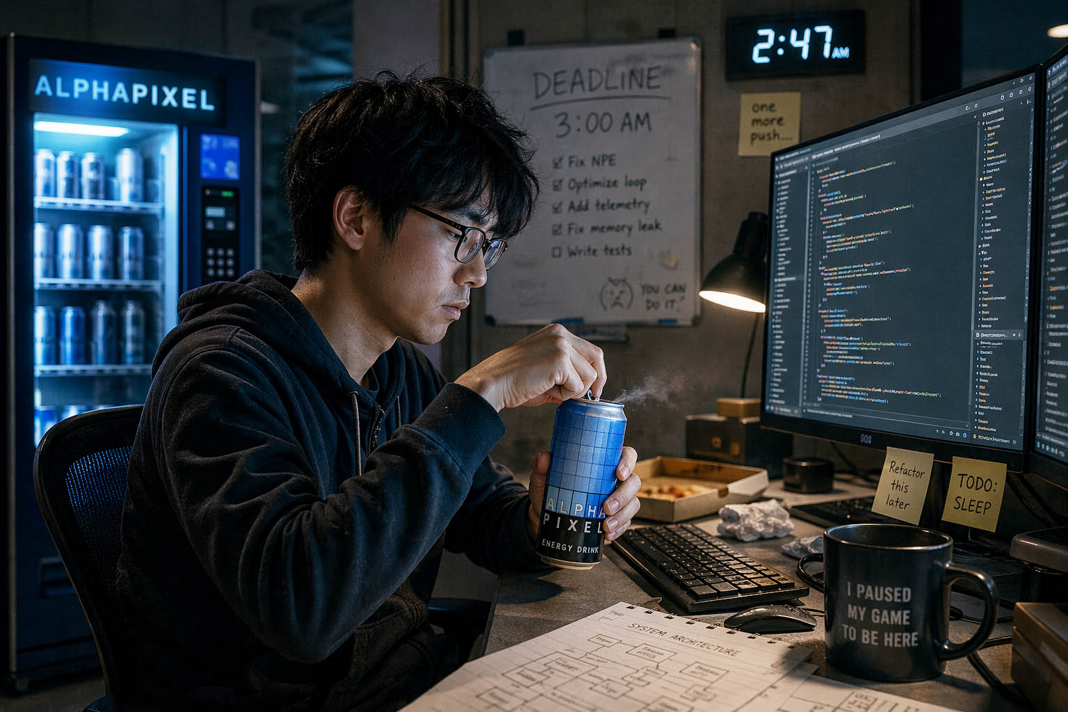Late at night a tired programmer opens a can of AlphaPixel Energy Drink