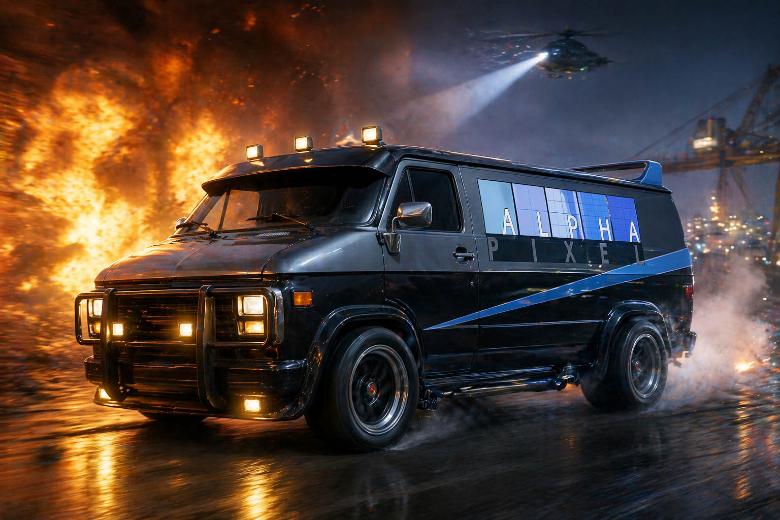 Fictional action-movie image of a black retro van with the AlphaPixel logo in a dramatic action sequence with explosion and helicopter at night.
