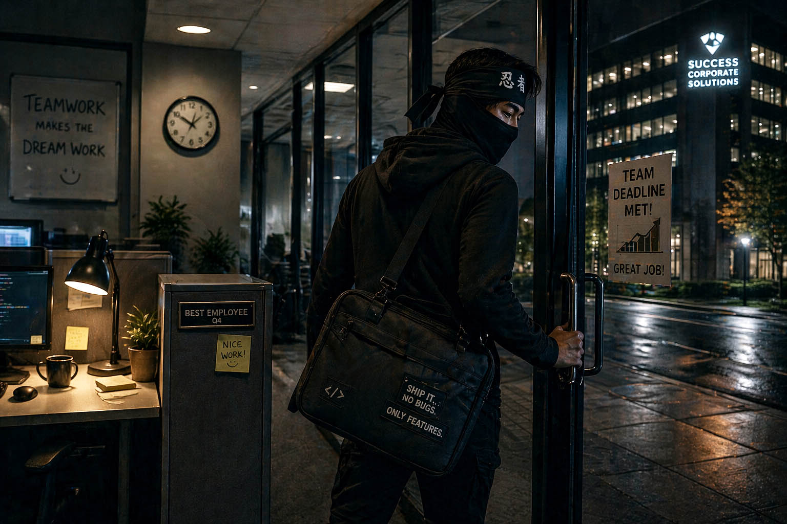 A successful anonymous Code Ninja silently exists a corporate office at night.