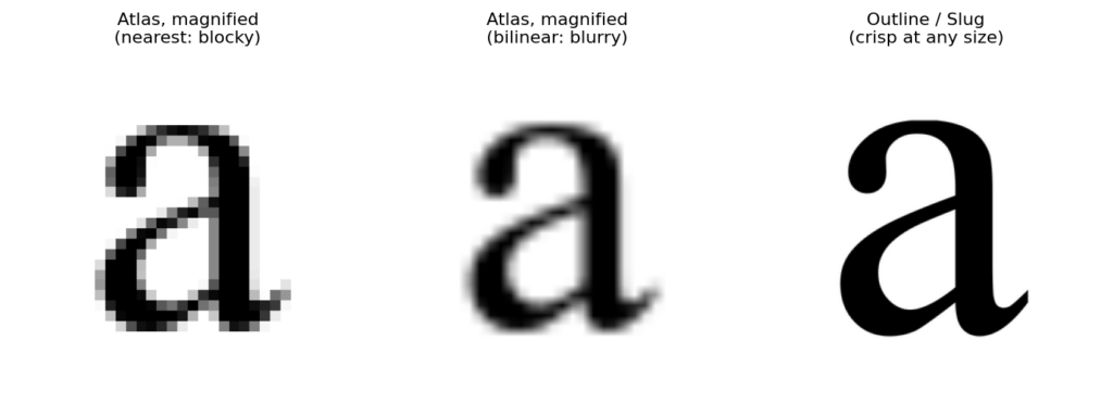 The letter a shown three ways: magnified from a small texture atlas as blocky pixels, magnified with blurry filtering, and rendered crisply from its outline.