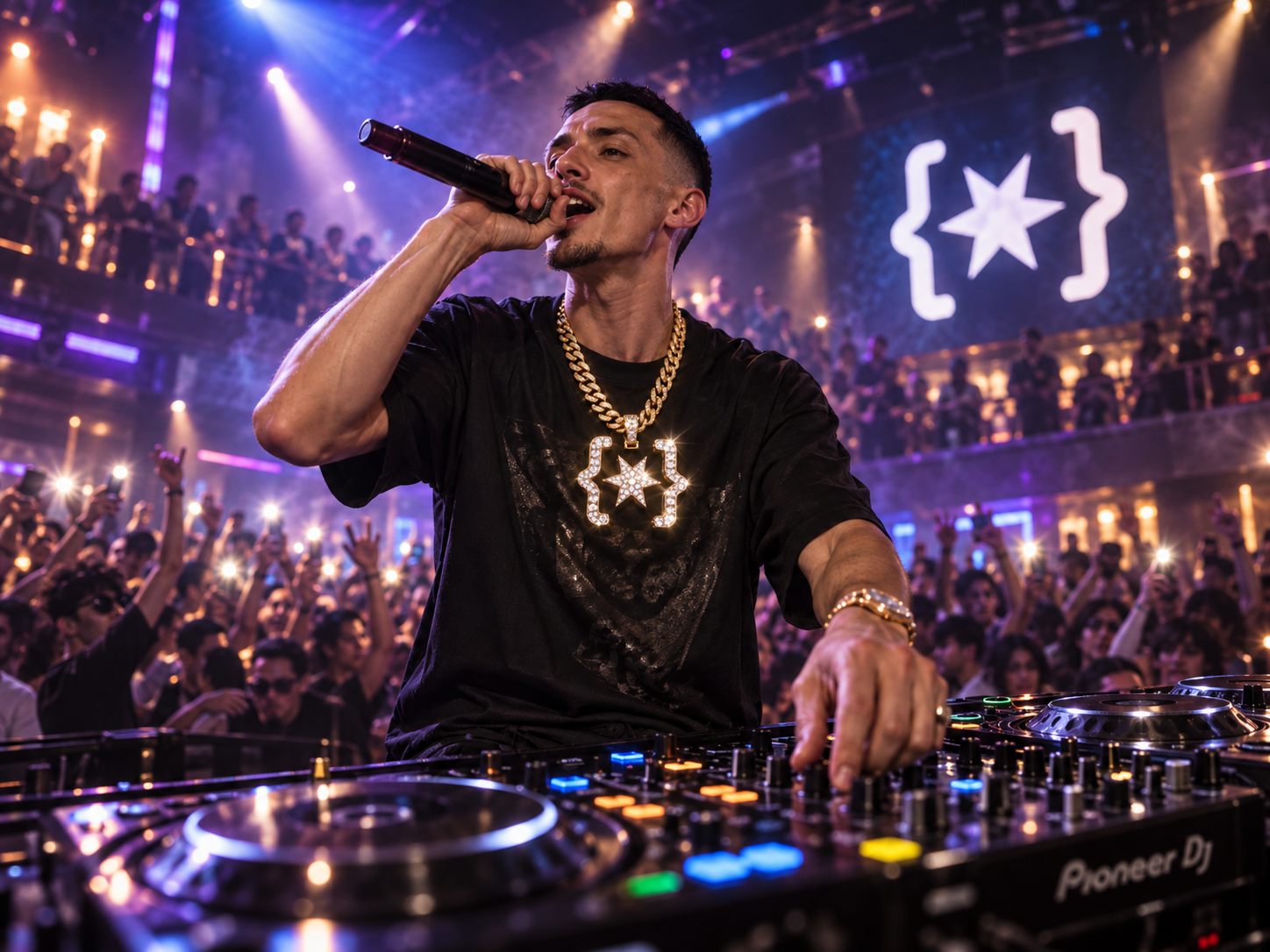 A rapper performing at a DJ deck wearing a bejewelled WrapStar curly-brace-asterisk necklace, with the WrapStar logo on the stage screen