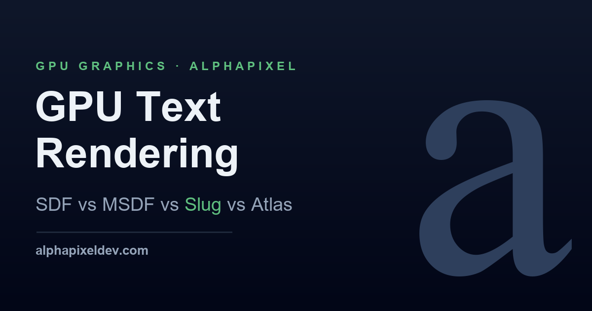 Title card for the article GPU Text Rendering, reading SDF vs MSDF vs Slug vs Atlas, by AlphaPixel, with a large lowercase letter a.