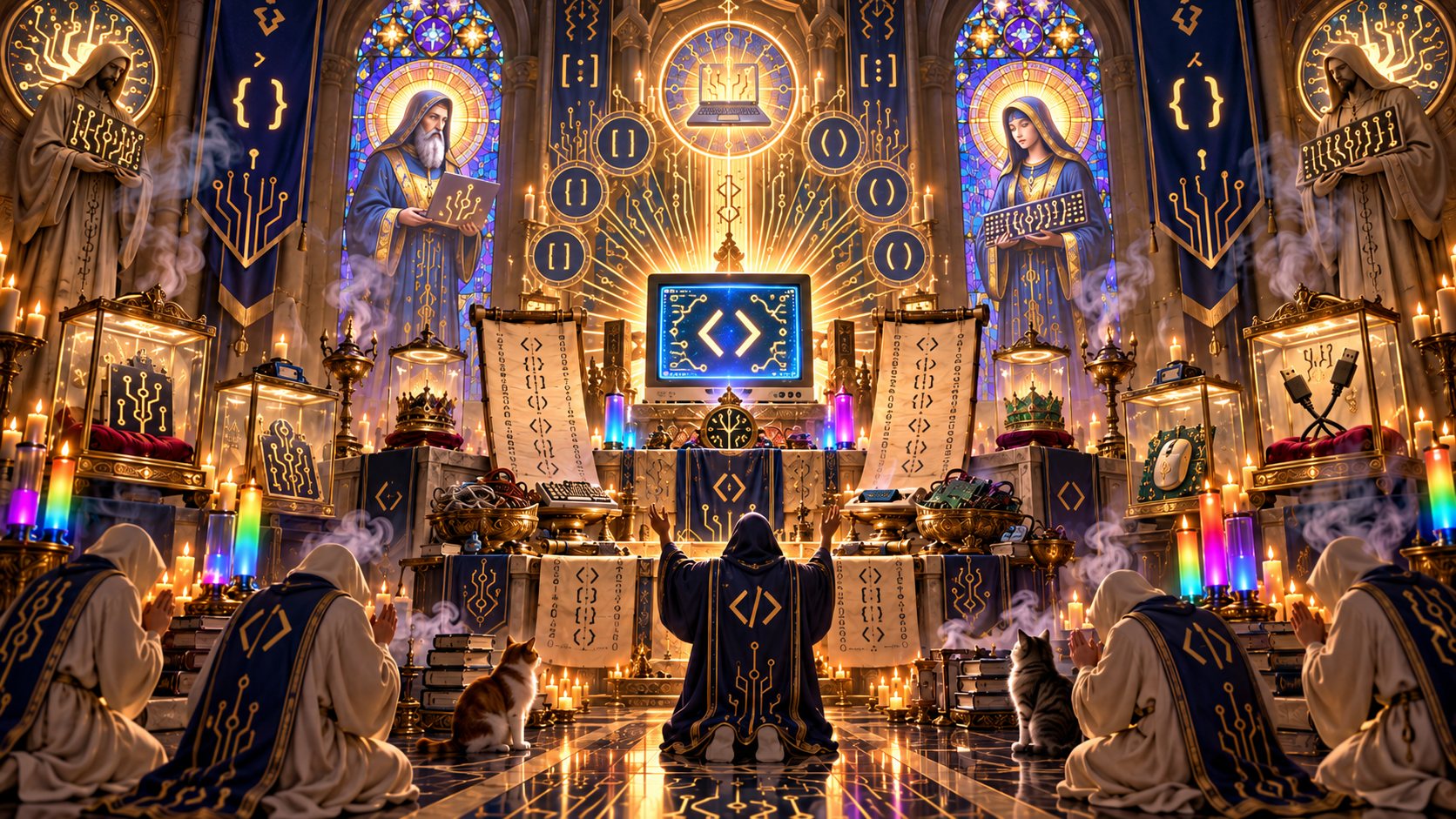Hooded monks kneel before a glowing code altar in a golden cathedral