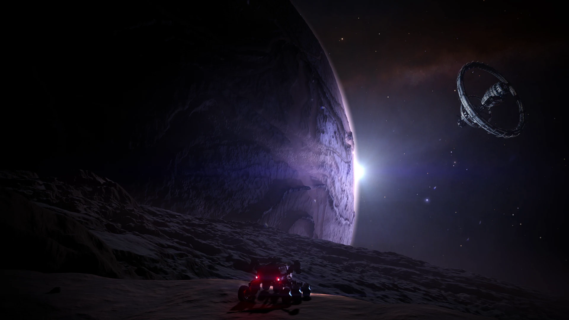 Elite Dangerous Horizons menu scene: an SRV on a dark moon, a large planet with a bright star at its limb, the Milky Way, and an unlit ring-shaped Orbis station at upper right