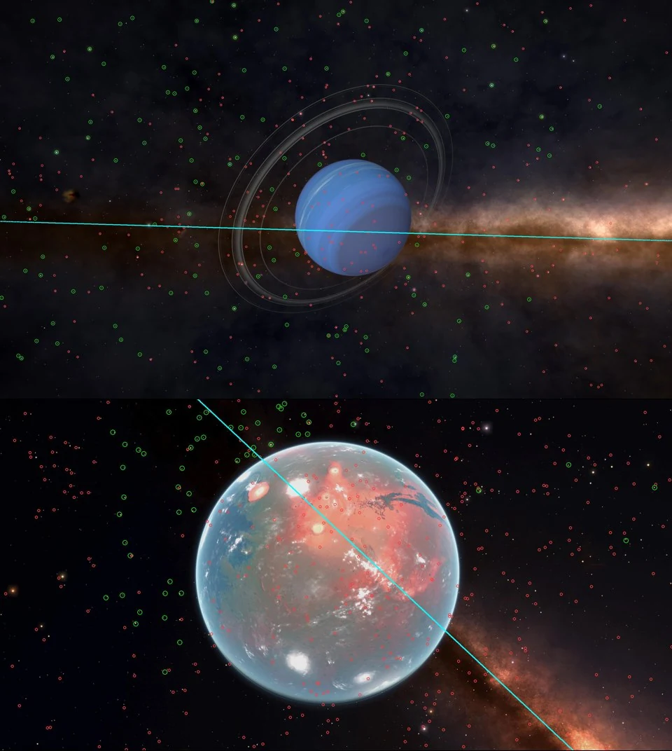 Two Elite Dangerous screenshots taken at Sol, Neptune with its rings and a terraformed Mars, with matched stars circled in green and the galactic equator drawn in cyan