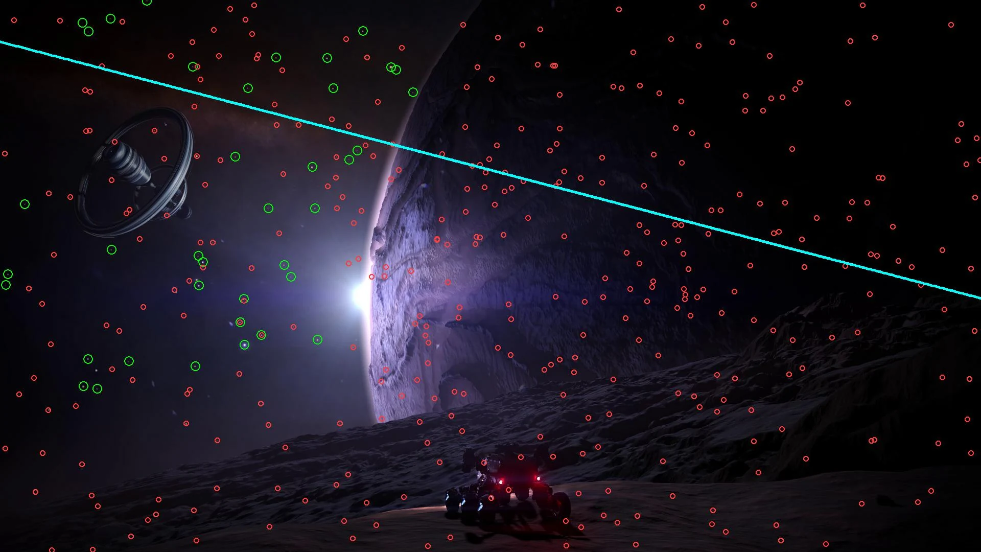 The menu starfield flipped left to right, with matched catalogue stars circled in green