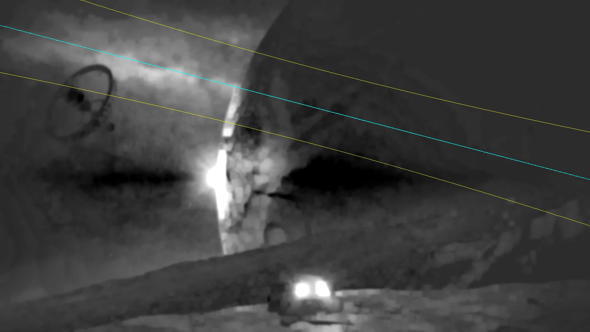Contrast-stretched grayscale of the menu's Milky Way band with a cyan galactic-equator line along its bright ridge and yellow lines 5 degrees either side