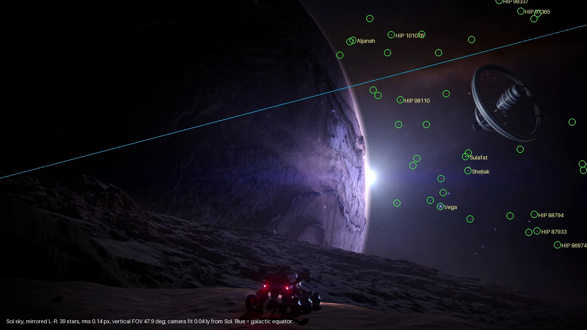 The original menu frame with the 39 matched stars circled and labelled, Vega the brightest