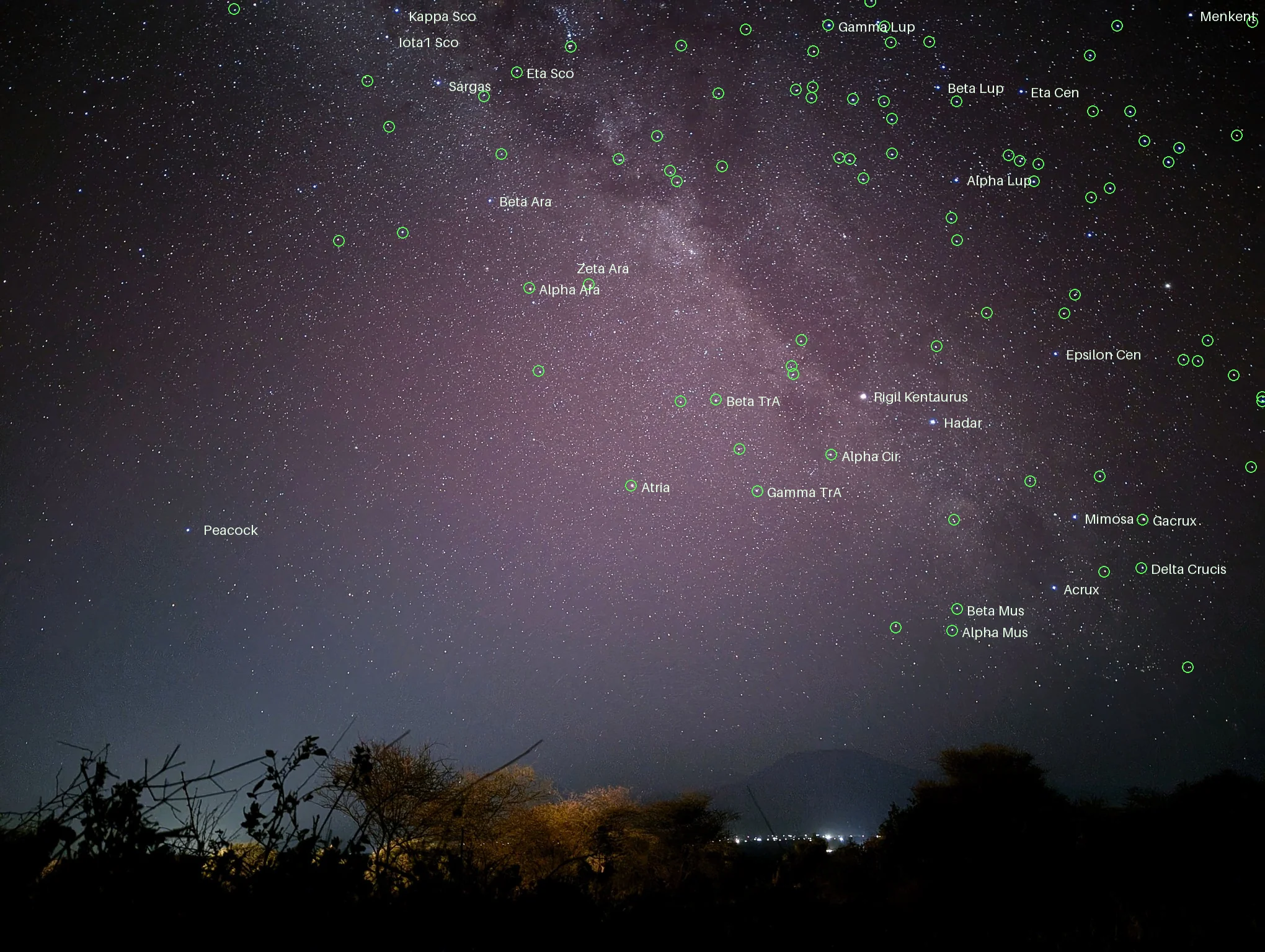The Kilimanjaro night photo with green circles on matched catalogue stars and labels including the Southern Cross, Rigil Kentaurus, Hadar and Atria